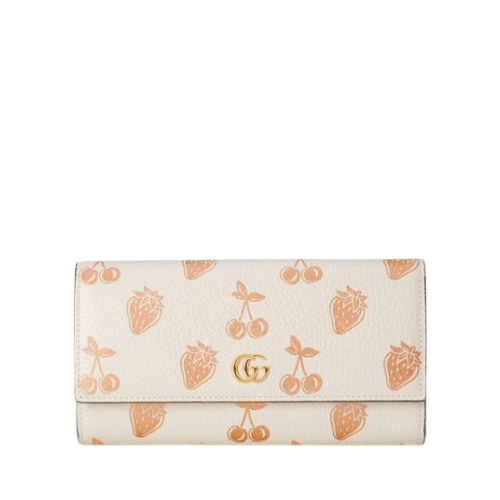 GUCCI LONG WALLET GG MARMONT METALLIC PRINT STRAWBERRY AND CHERRY BEIGE 19CM 456116 9888