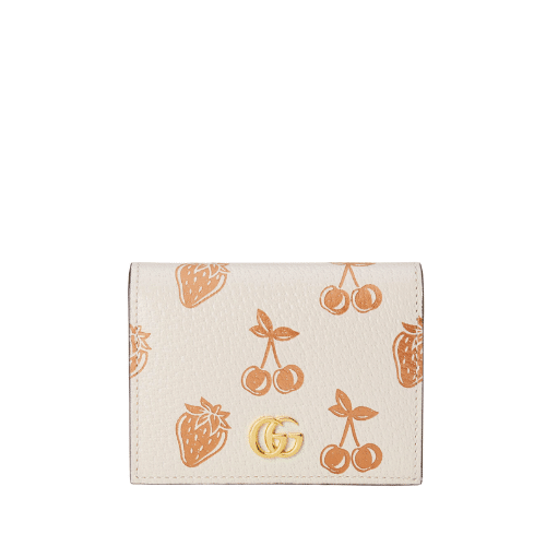 GUCCI GG MARMONT PRINT STRAWBERRY AND CHERRY CARD CASE BEIGE WALLET 11CM 456126 1T5ZG 9888