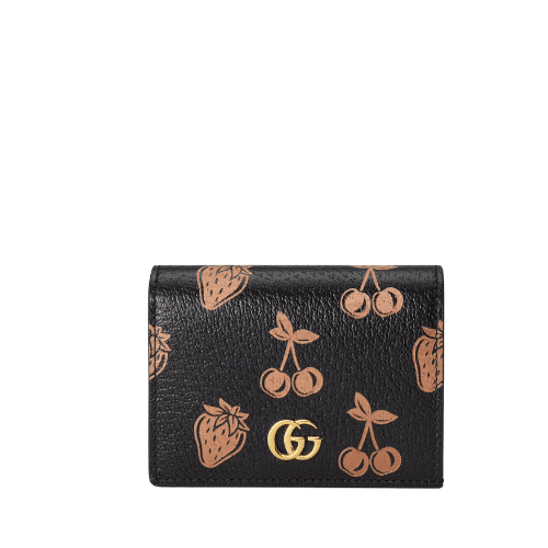 GUCCI GG MARMONT PRINT STRAWBERRY AND CHERRY CARD CASE BLACK WALLET 11CM 456126 1T5ZG 9888