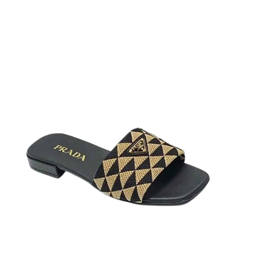 PRADA EMBROIDERED FABRIC SLIDES BLACK BEIGE