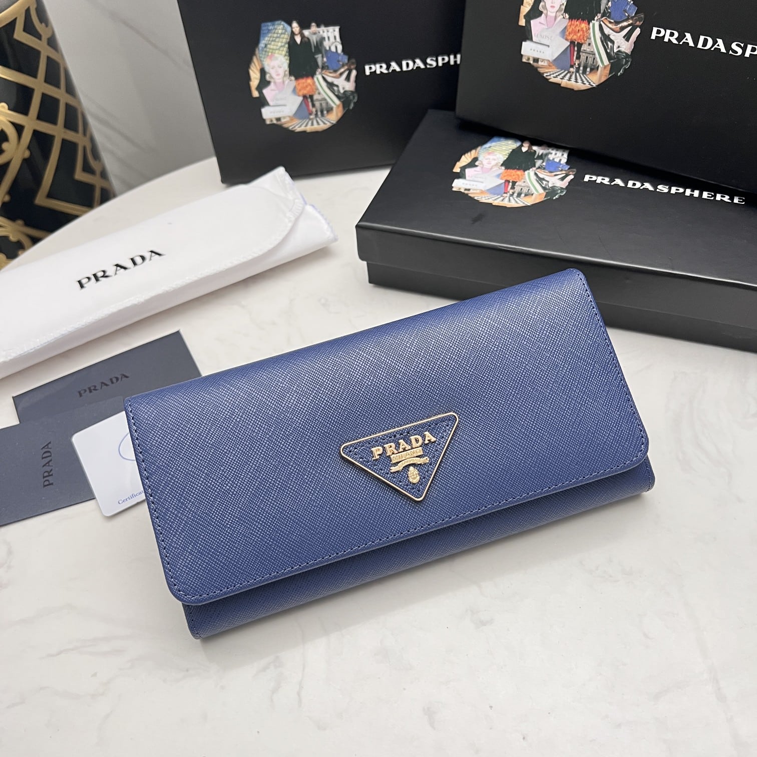 PRADA LARGE SAFFIANO TRIANGLE WALLET NAVY BLUE 19CM 1MH132 QHH F0002 - Image 10