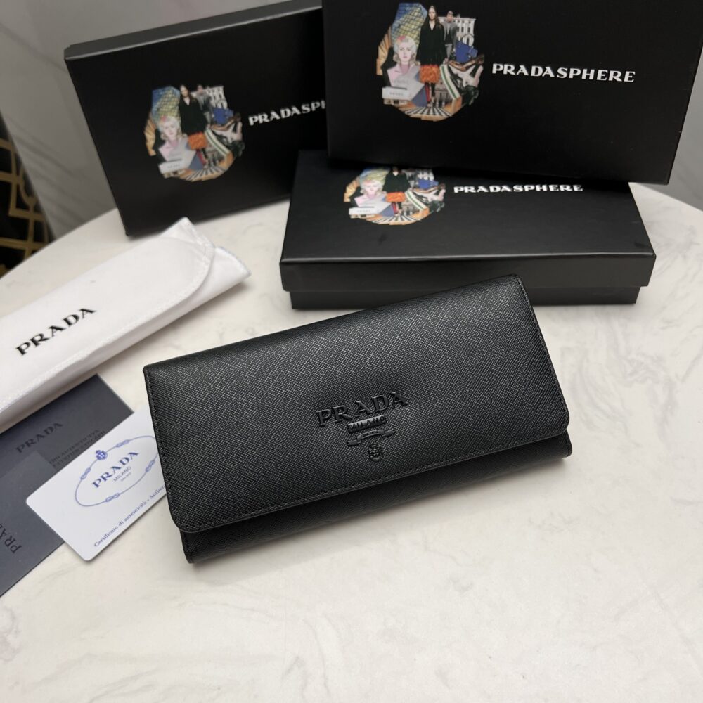 PRADA SAFFIANO MONOCHROME FLAP LONG WALLET FULL BLACK 19CM 1MH132 ZLP F061H - Image 10