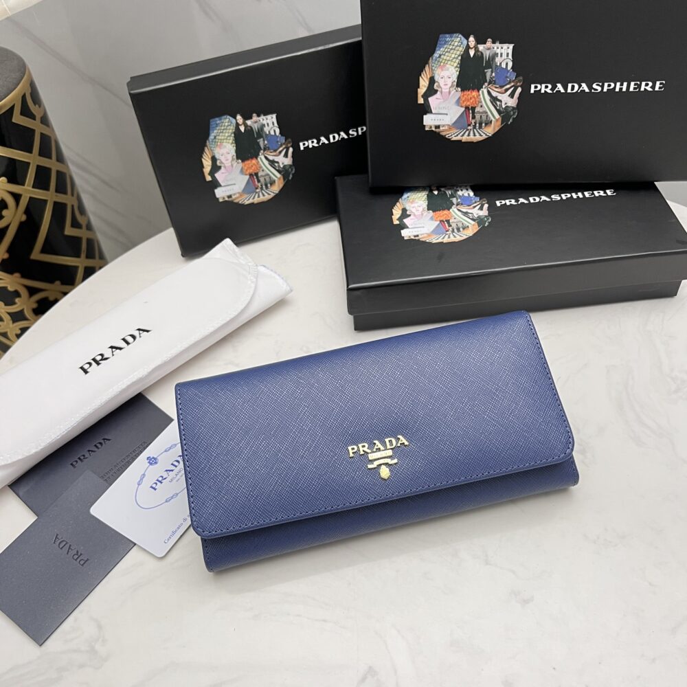 PRADA SAFFIANO LEATHER FLAP LONG WALLET NAVY BLUE AND GOLD 19CM 1MH132 ZLP F0RAU - Image 10