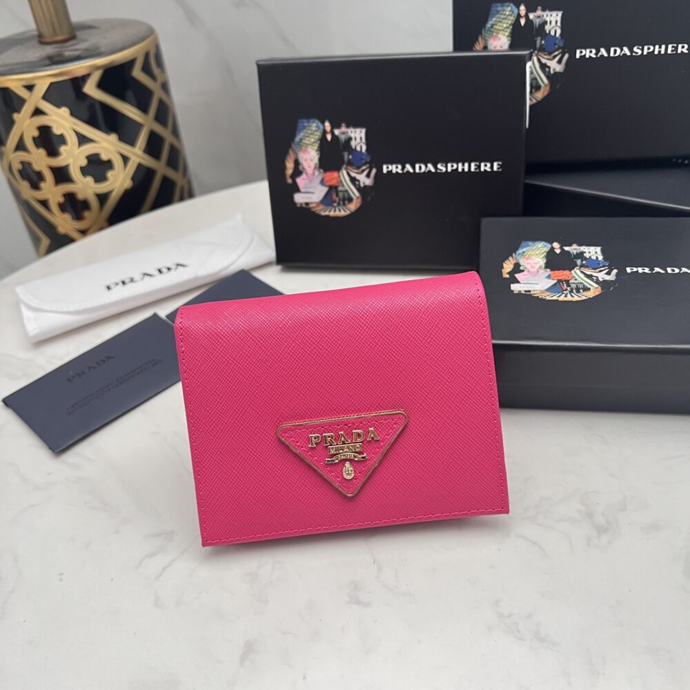 PRADA SMALL SAFFIANO LUX LEATHER FLAP CONTINENTAL TRIANGLE DARK PINK WALLET 10CM - Image 10