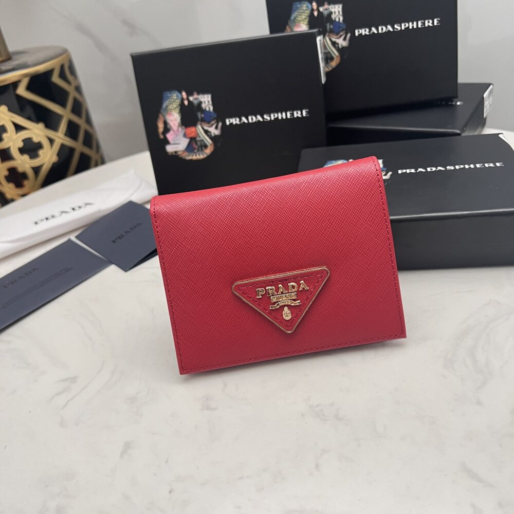 PRADA SMALL SAFFIANO LUX LEATHER FLAP CONTINENTAL TRIANGLE RED WALLET 10CM - Image 10