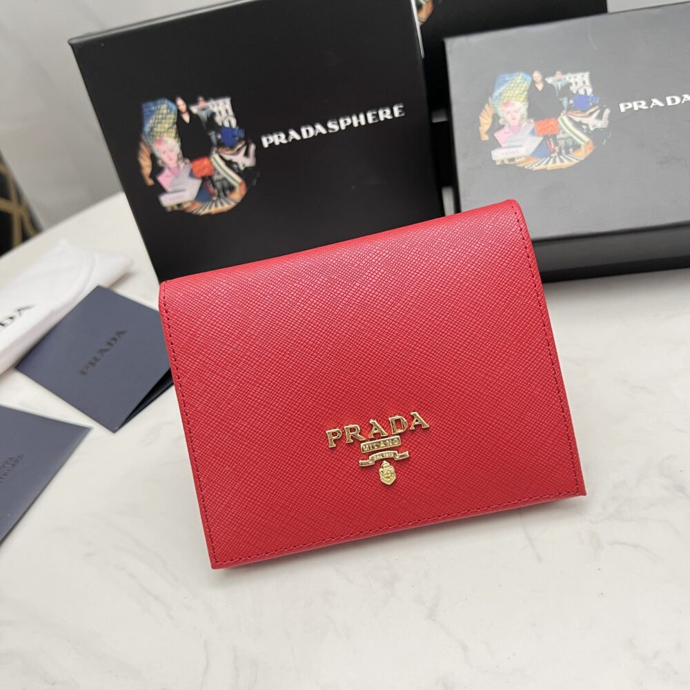 PRADA SAFFIANO LEATHER FLAP SMALL WALLET RED AND GOLD 10CM 1MV204 QWA F068Z - Image 10