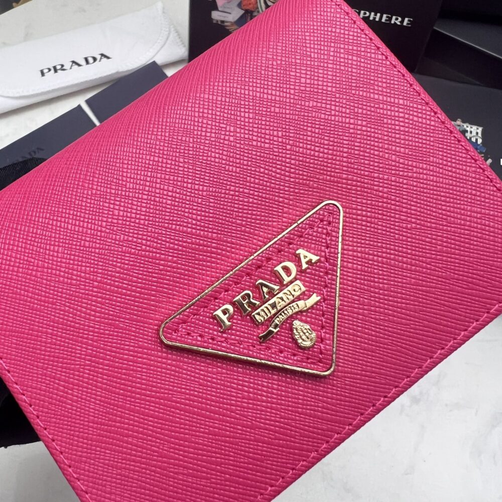PRADA SMALL SAFFIANO LUX LEATHER FLAP CONTINENTAL TRIANGLE DARK PINK WALLET 10CM - Image 3