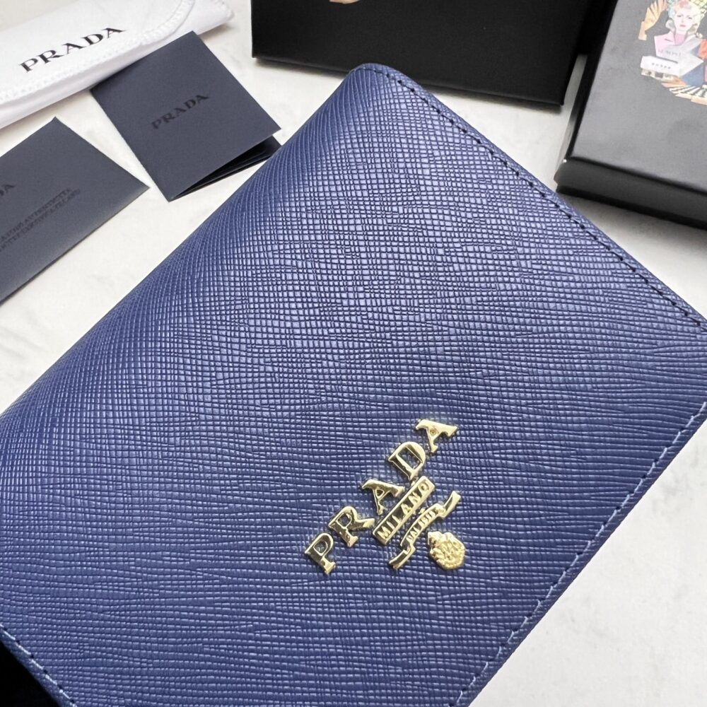 PRADA SAFFIANO LEATHER FLAP SMALL WALLET BLUETTE AND GOLD 10CM 1MV204 QWA F0016 - Image 3