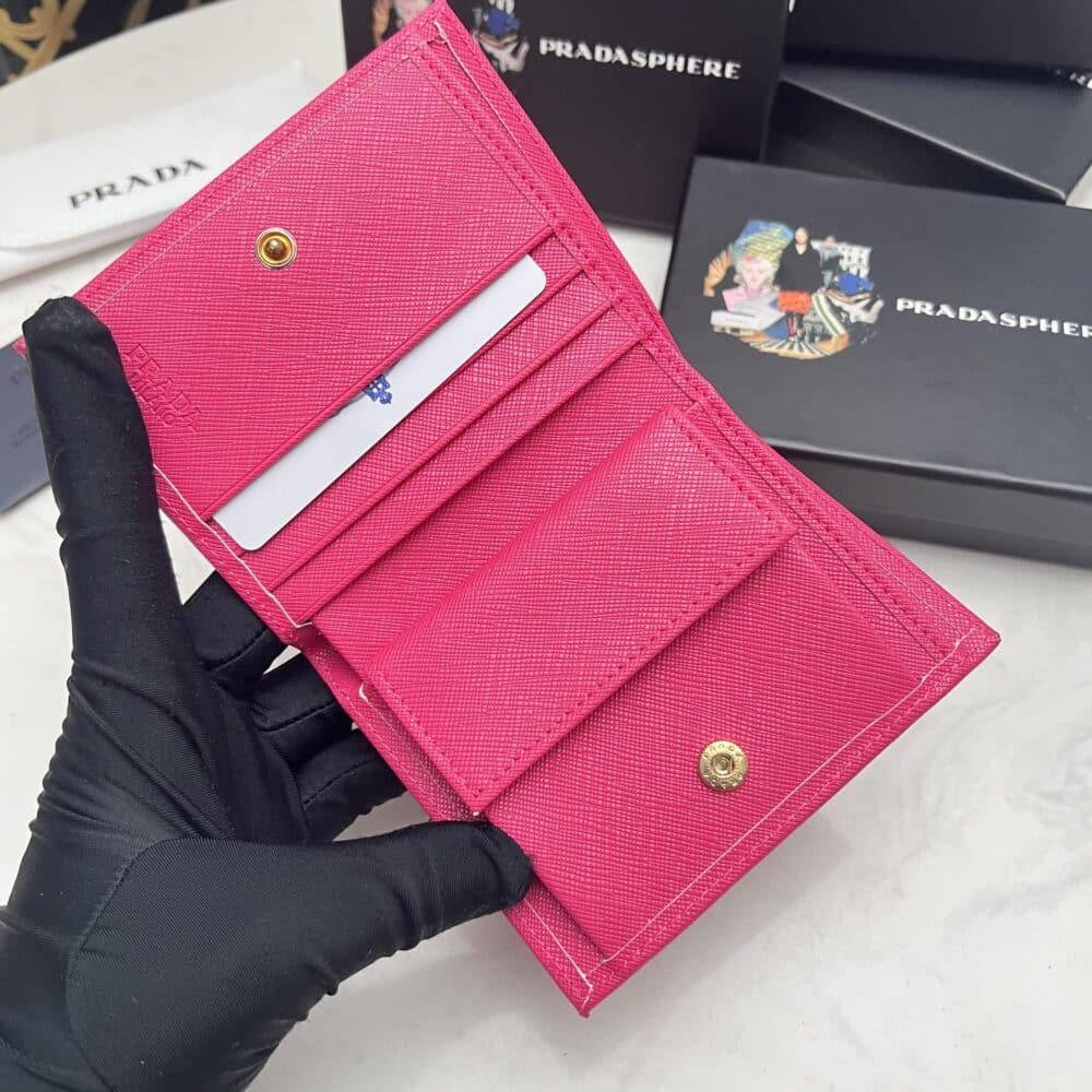 PRADA SMALL SAFFIANO LUX LEATHER FLAP CONTINENTAL TRIANGLE DARK PINK WALLET 10CM - Image 4