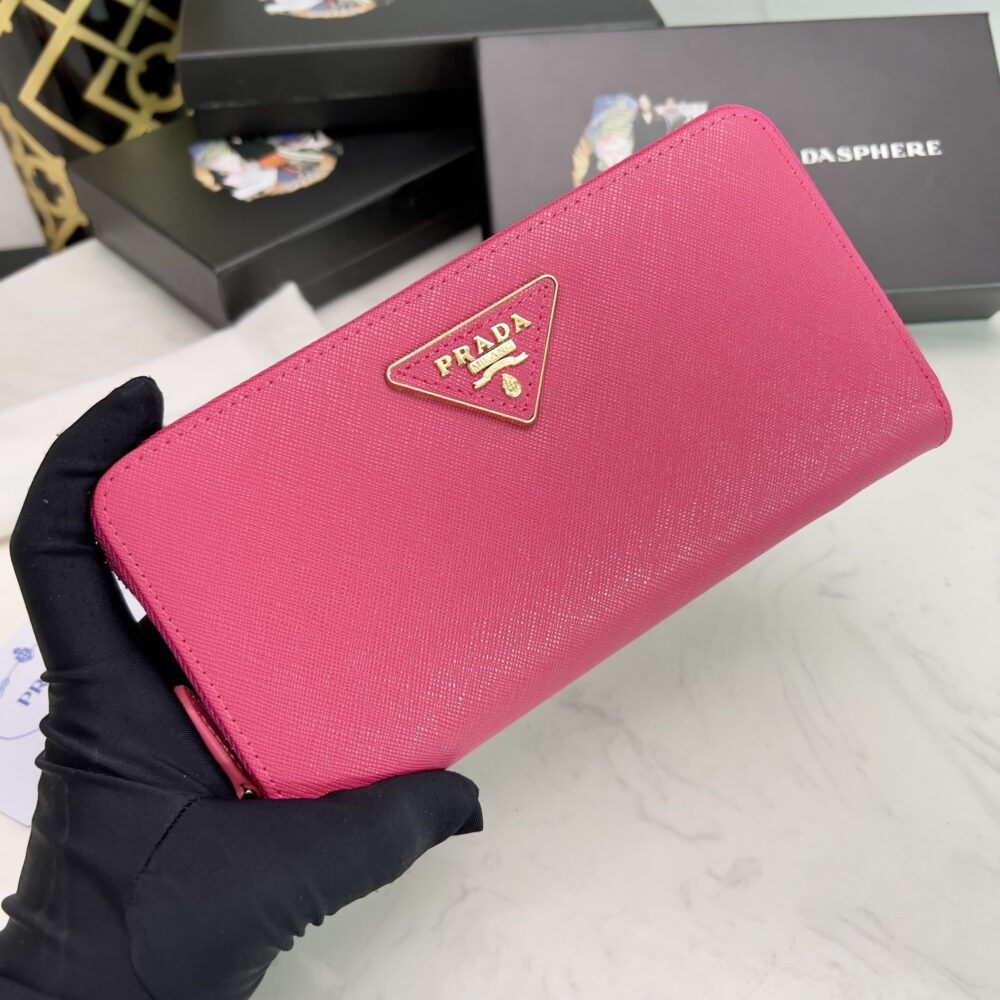 PRADA LARGE  SAFFIANO TRIANGLE ZIP AROUND LONG WALLET PEONY PINK 19CM 1ML506 QHH F0002 - Image 6