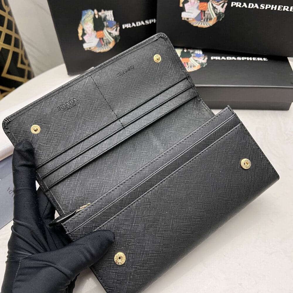 PRADA SAFFIANO MONOCHROME FLAP LONG WALLET FULL BLACK 19CM 1MH132 ZLP F061H - Image 6