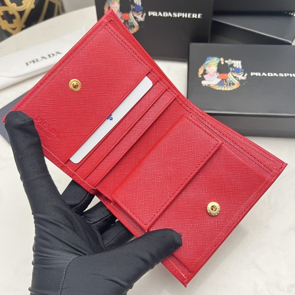 PRADA SMALL SAFFIANO LUX LEATHER FLAP CONTINENTAL TRIANGLE RED WALLET 10CM - Image 6
