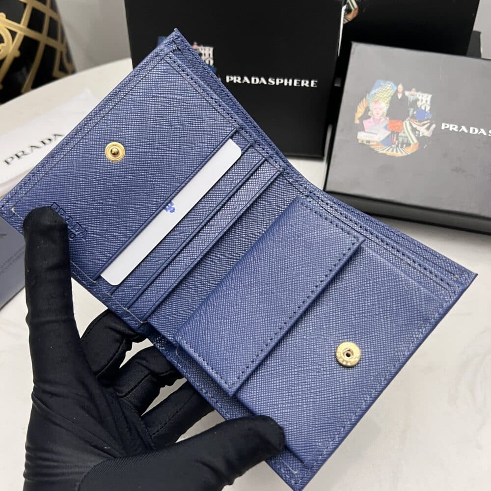 PRADA SAFFIANO LEATHER FLAP SMALL WALLET BLUETTE AND GOLD 10CM 1MV204 QWA F0016 - Image 6