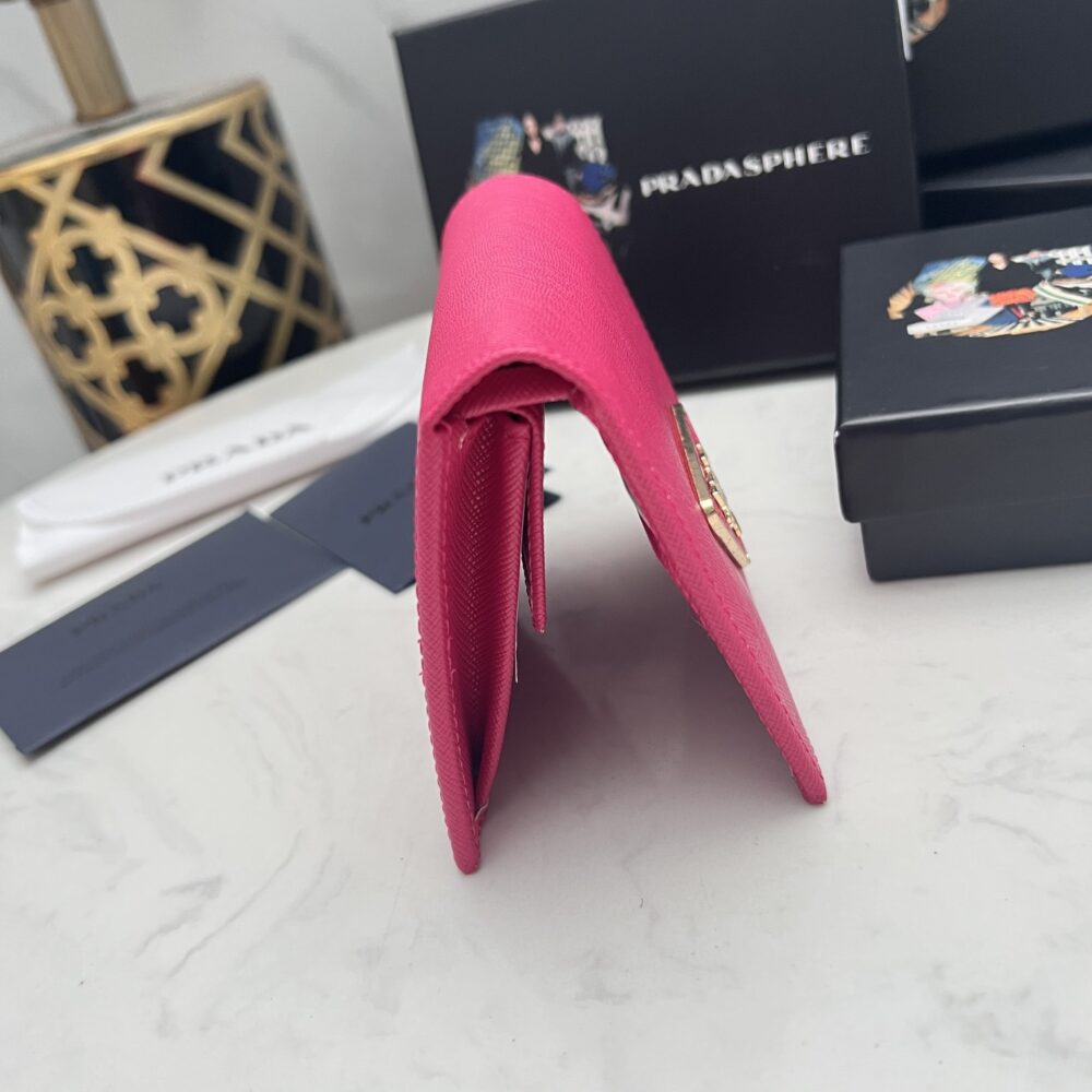 PRADA SMALL SAFFIANO LUX LEATHER FLAP CONTINENTAL TRIANGLE DARK PINK WALLET 10CM - Image 7