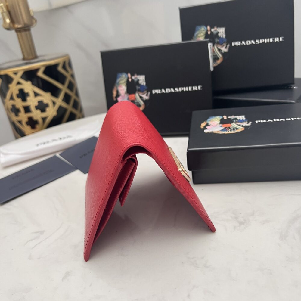 PRADA SMALL SAFFIANO LUX LEATHER FLAP CONTINENTAL TRIANGLE RED WALLET 10CM - Image 7