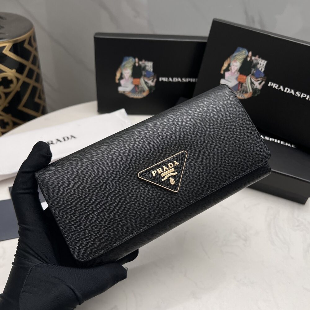 PRADA SAFFIANO LUX LEATHER FLAP CONTINENTAL BLACK WALLET 19CM - Image 8