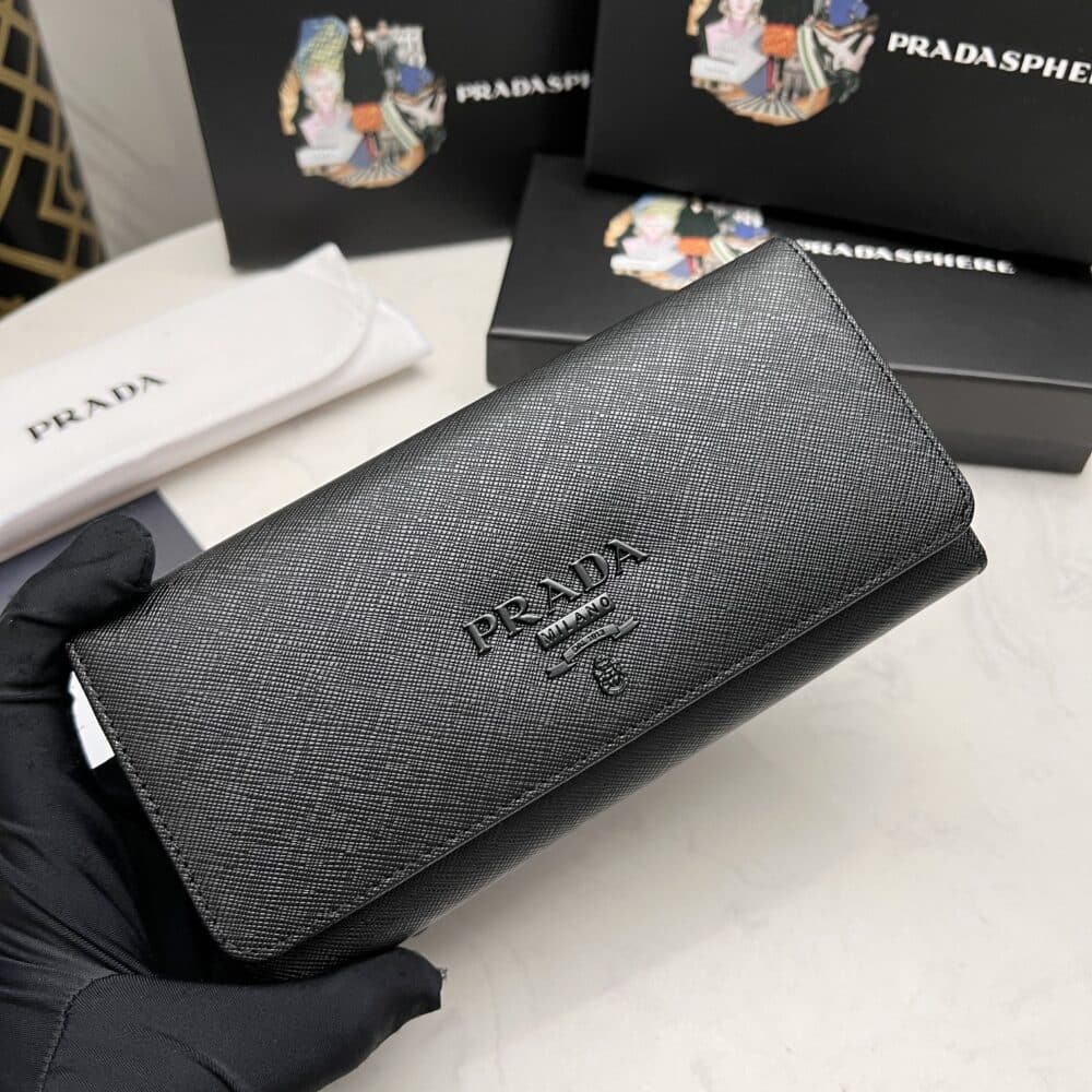 PRADA SAFFIANO MONOCHROME FLAP LONG WALLET FULL BLACK 19CM 1MH132 ZLP F061H - Image 8