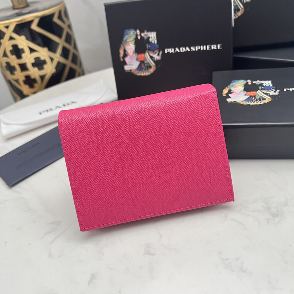 PRADA SMALL SAFFIANO LUX LEATHER FLAP CONTINENTAL TRIANGLE DARK PINK WALLET 10CM - Image 8