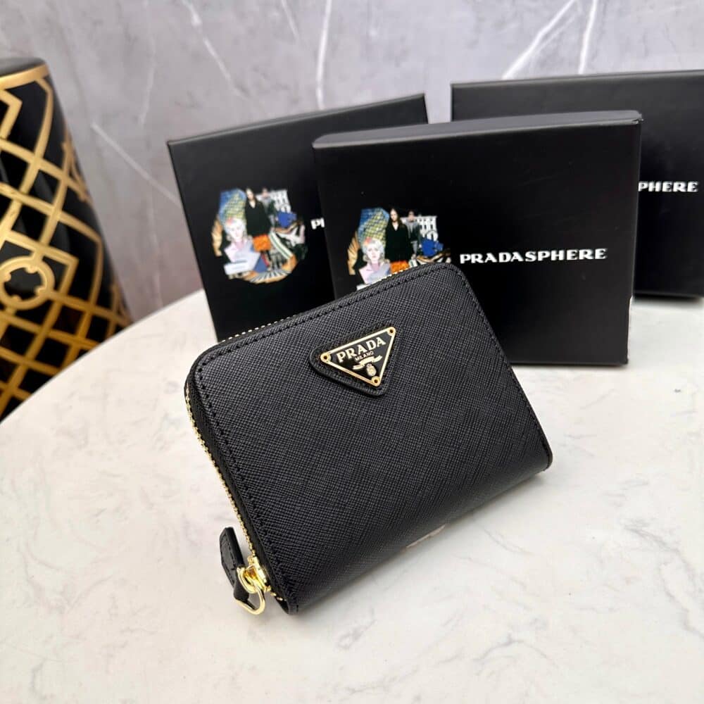 PRADA SMALL SAFFIANO LEATHER WALLET BLACK AND GOLD 10CM 1ML036 QHH F0002 - Image 9