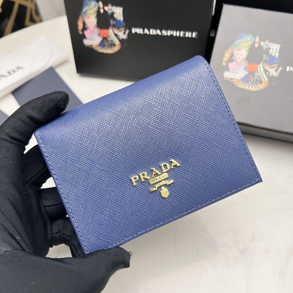 PRADA SAFFIANO LEATHER FLAP SMALL WALLET BLUETTE AND GOLD 10CM 1MV204 QWA F0016 - Image 8