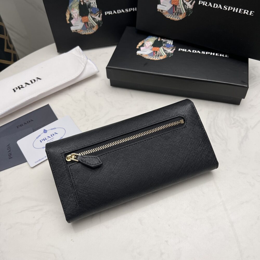 PRADA SAFFIANO LUX LEATHER FLAP CONTINENTAL BLACK WALLET 19CM - Image 9
