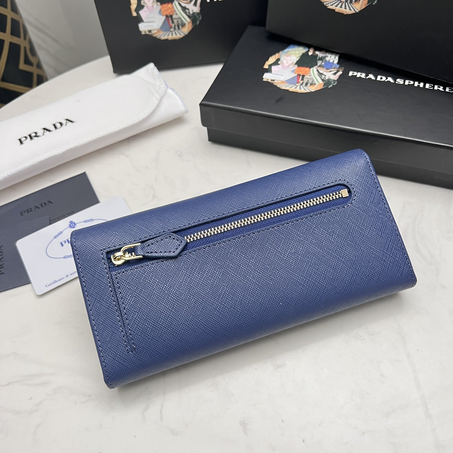 PRADA LARGE SAFFIANO TRIANGLE WALLET NAVY BLUE 19CM 1MH132 QHH F0002 - Image 9