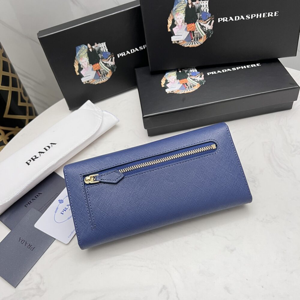 PRADA SAFFIANO LEATHER FLAP LONG WALLET NAVY BLUE AND GOLD 19CM 1MH132 ZLP F0RAU - Image 9