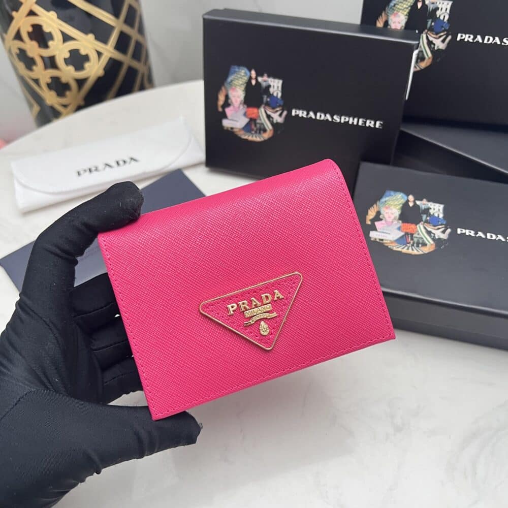 PRADA SMALL SAFFIANO LUX LEATHER FLAP CONTINENTAL TRIANGLE DARK PINK WALLET 10CM - Image 9