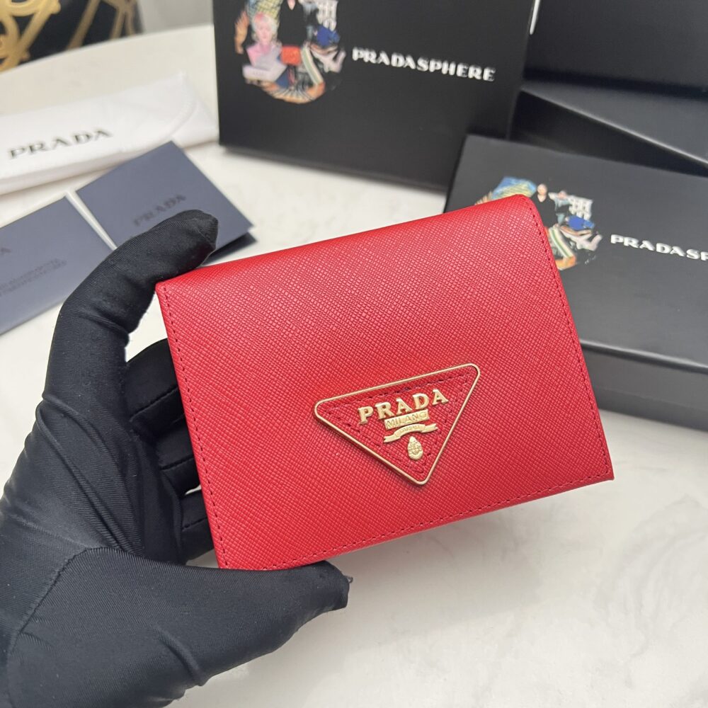PRADA SMALL SAFFIANO LUX LEATHER FLAP CONTINENTAL TRIANGLE RED WALLET 10CM - Image 9