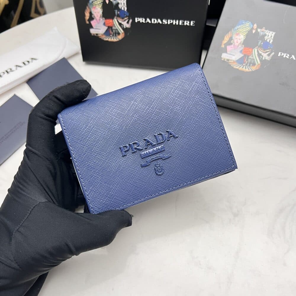 PRADA SAFFIANO MONOCHROME FLAP SMALL WALLET FULL NAVY BLUE 10CM 1MV204 QWA F0002 - Image 9