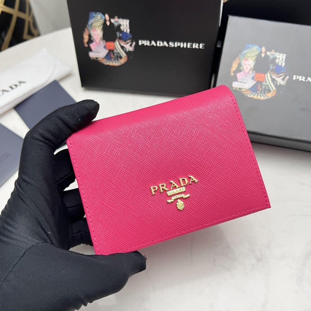 PRADA SAFFIANO LEATHER FLAP SMALL WALLET DARK PINK AND GOLD 10CM 1MV204 QWA F0505 - Image 9