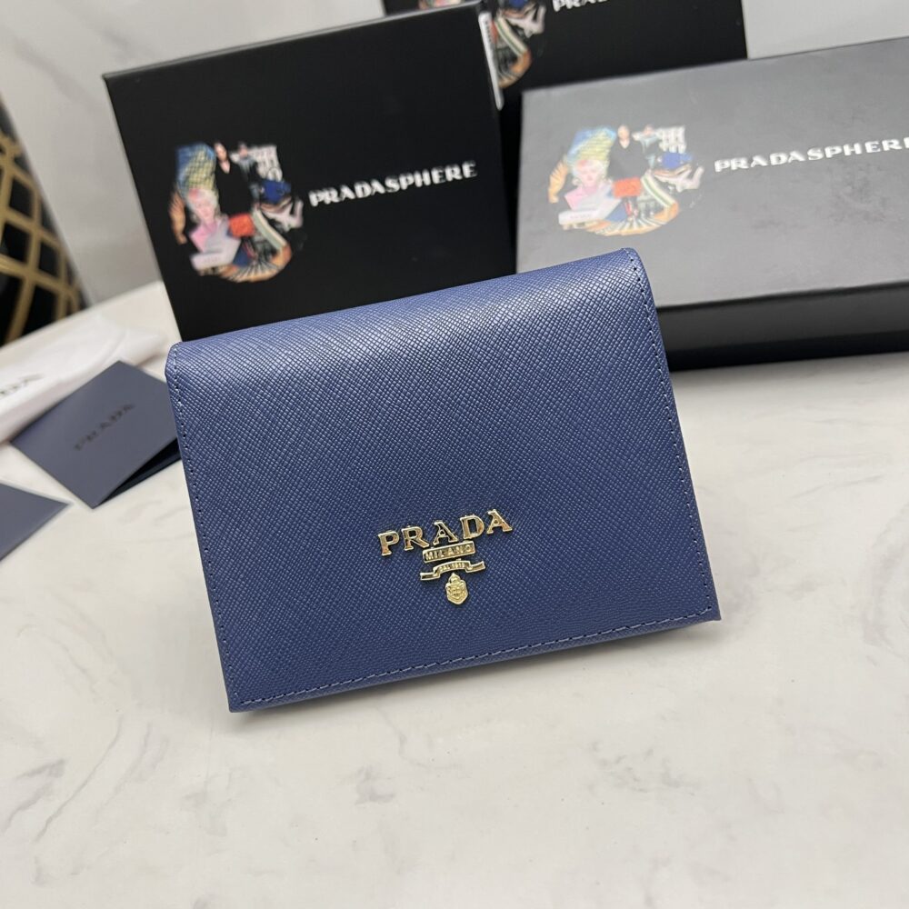 PRADA SAFFIANO LEATHER FLAP SMALL WALLET BLUETTE AND GOLD 10CM 1MV204 QWA F0016 - Image 9