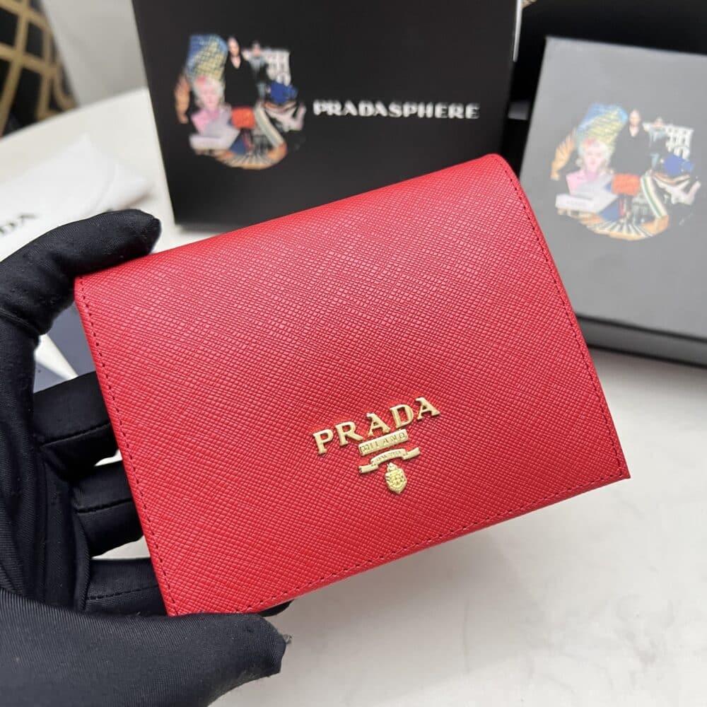PRADA SAFFIANO LEATHER FLAP SMALL WALLET RED AND GOLD 10CM 1MV204 QWA F068Z - Image 9