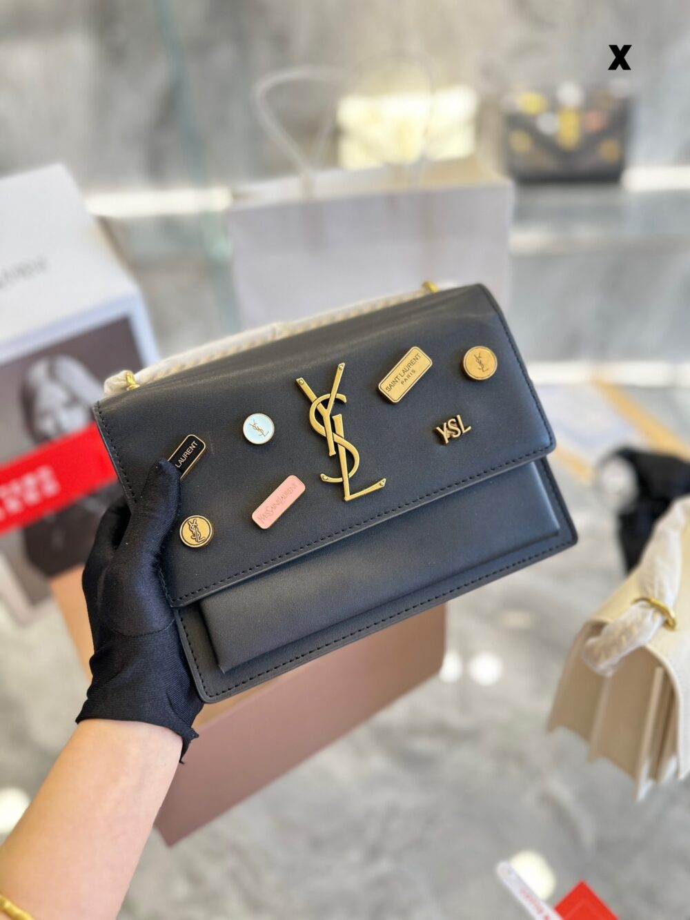 SAINT LAURENT SUNSET CHAIN BAG IN SMOOTH LEATHER WITH STICKER BLACK 22CM - Image 6