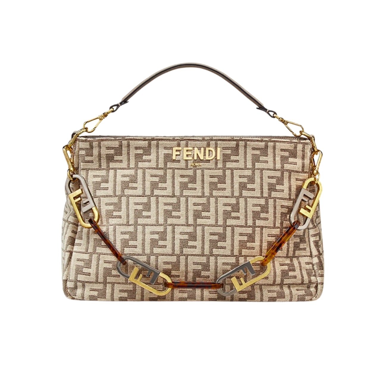 FENDI OLOCK ZIP DOVE BROWN TAPESTRY FABRIC BAG 8BR805ALFVF1IQU