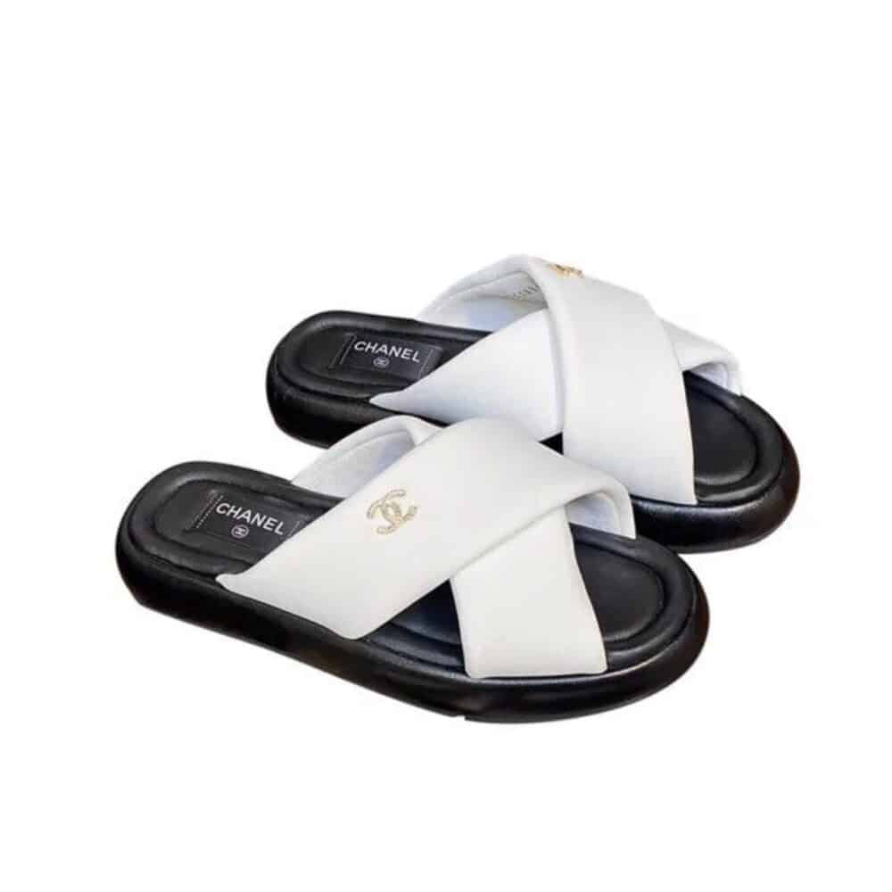 CHANEL CC LOGO CRISS CROSS SLIDES WHITE