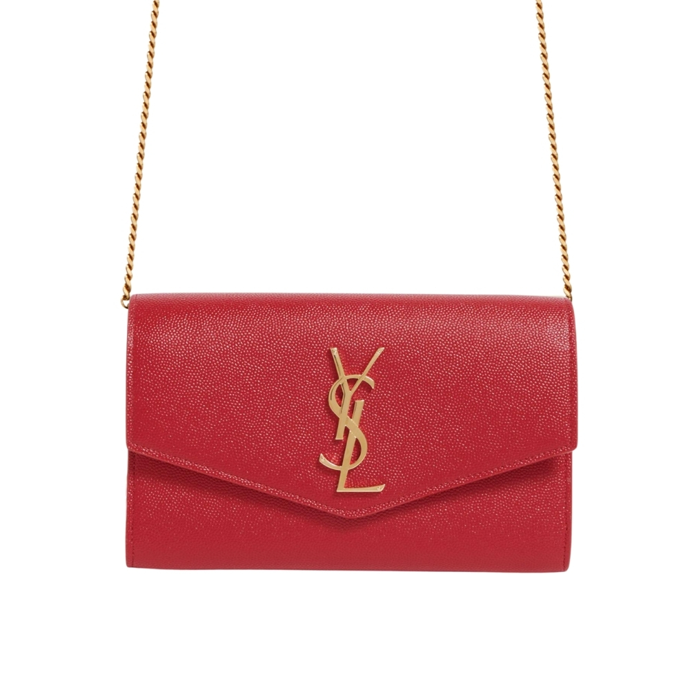SAINT LAURENT UPTOWN CHAIN WALLET IN GRAIN DE POUDRE EMBOSSED LEATHER RED 19CM
