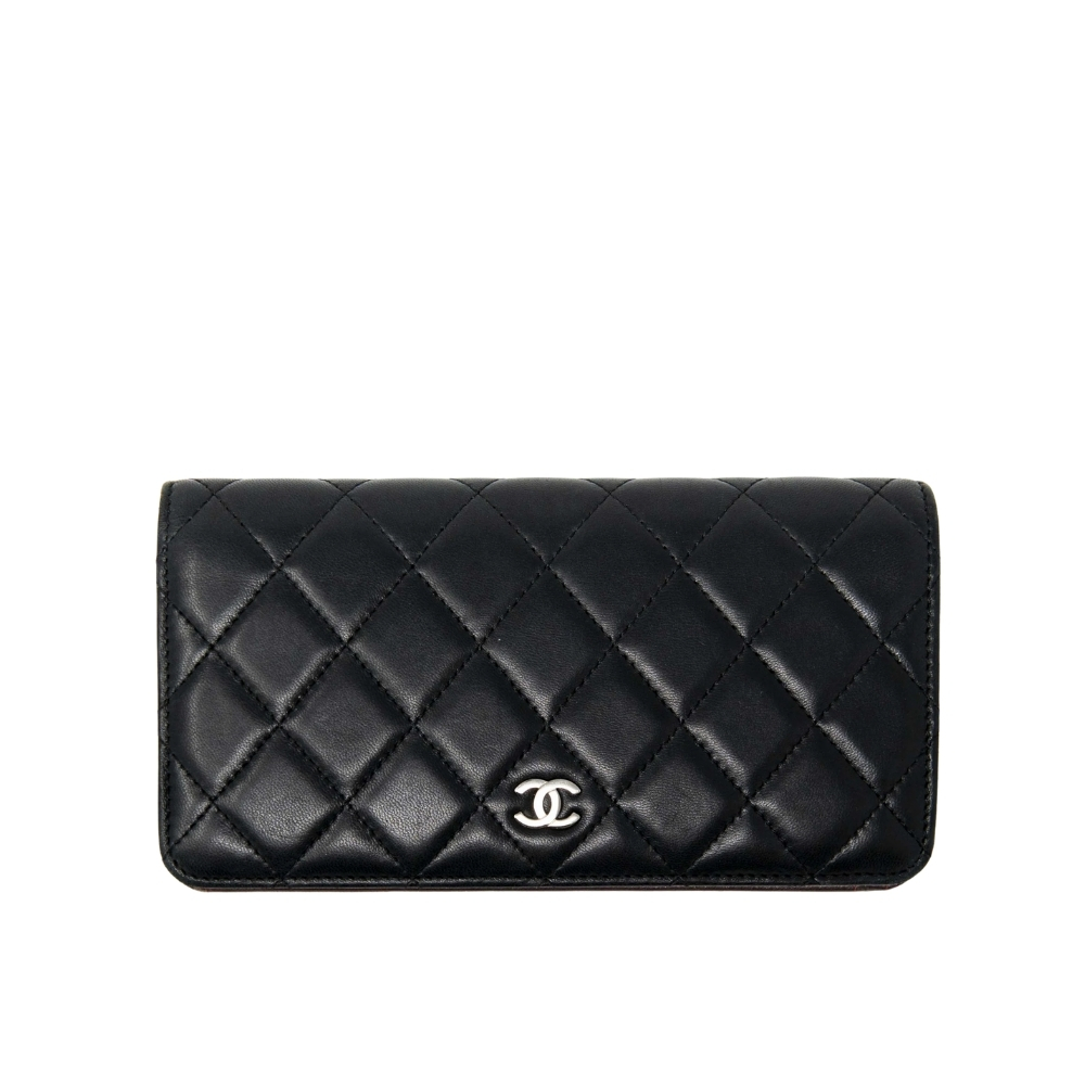CHANEL QUILTED CLASSIC LONG FLAP WALLET WITH SILVER HARDWARE BLACK 19CM