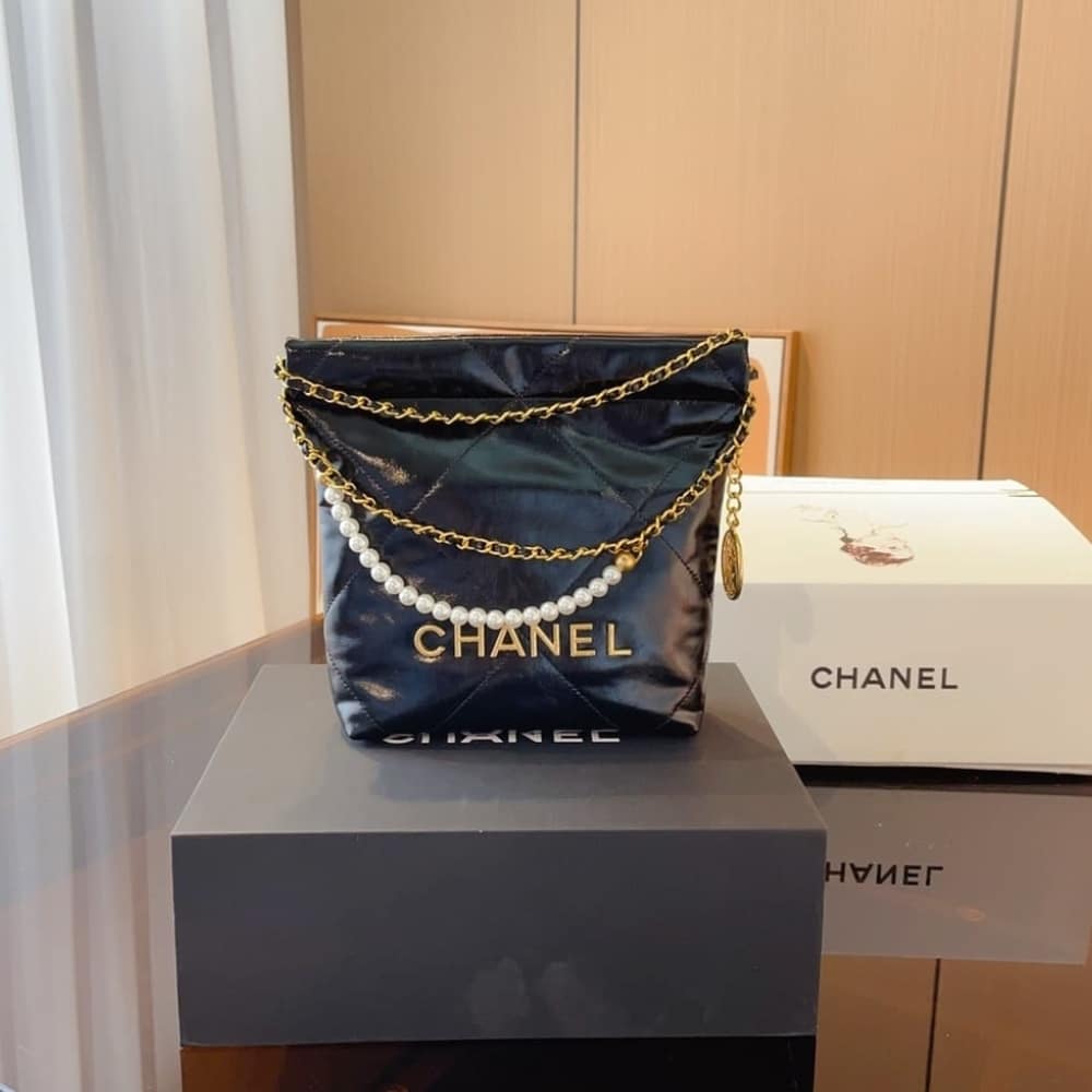 Alternative view of CHANEL 22 MINI HANDBAG SHINY CRYSTAL PEARLS GOLD TONE METAL BLACK 22CM AS3980 B10672 94305