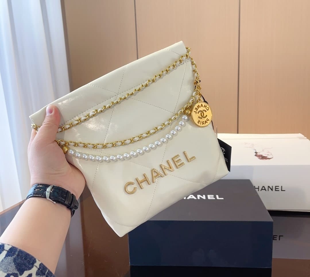 CHANEL 22 MINI HANDBAG CRYSTAL PEARLS WHITE 22CM AS3980 - Image 3