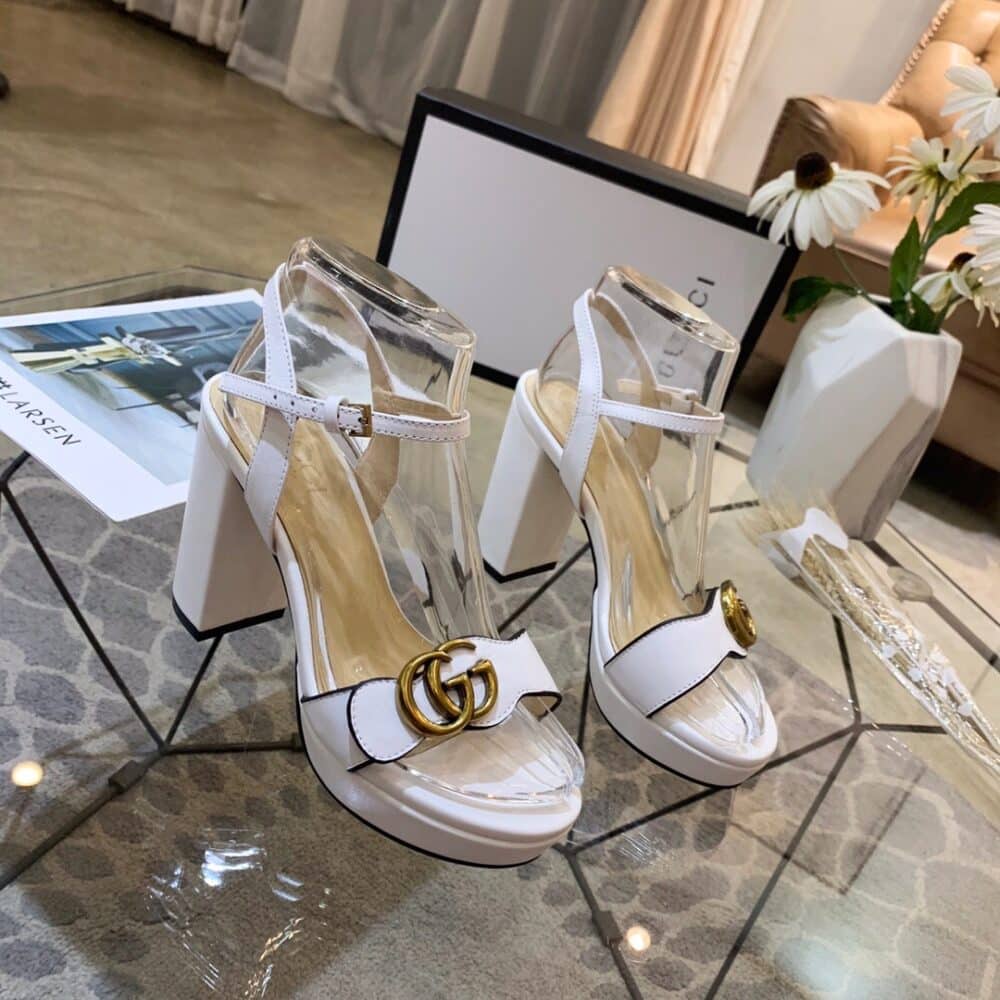 GUCCI GG LEATHER HEELED SANDAL WHITE - Image 3