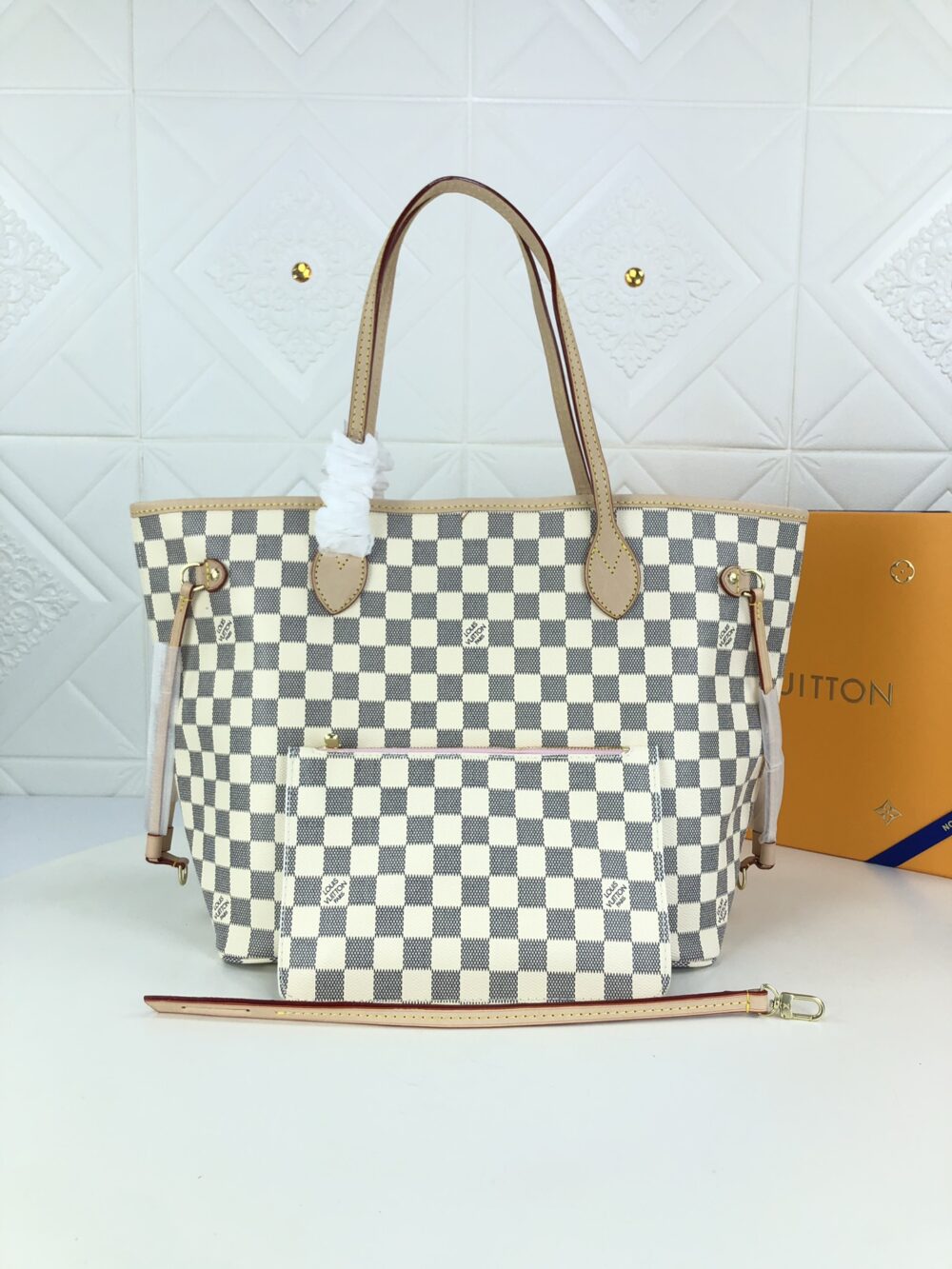 LOUIS VUITTON NEVERFULL GM DAMIER AZUR AND LIGHT PINK 40CM N41604 - Image 10