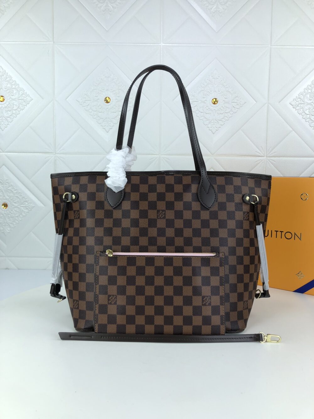 LOUIS VUITTON DAMIER EBENE NEVERFULL GM BROWN AND LIGHT PINK 40CM N41357 - Image 9