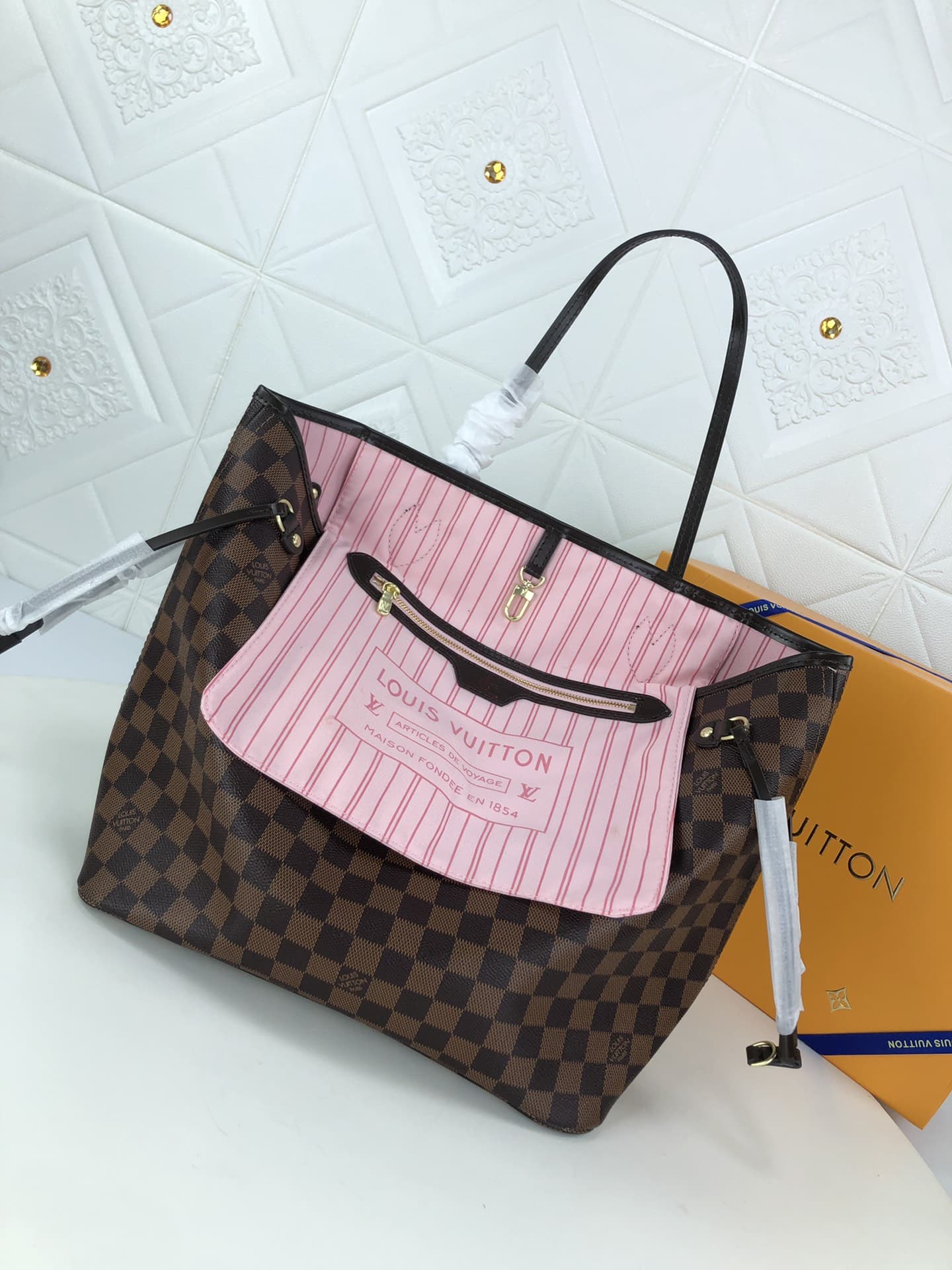 LOUIS VUITTON DAMIER EBENE NEVERFULL MM BROWN AND LIGHT PINK 32CM N41603 - Image 4