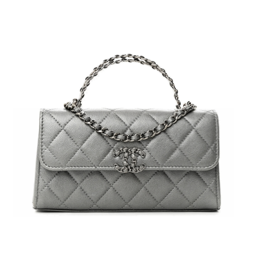Chanel 23P Clutch With Chain Bag Grained Leather Silver 18cm