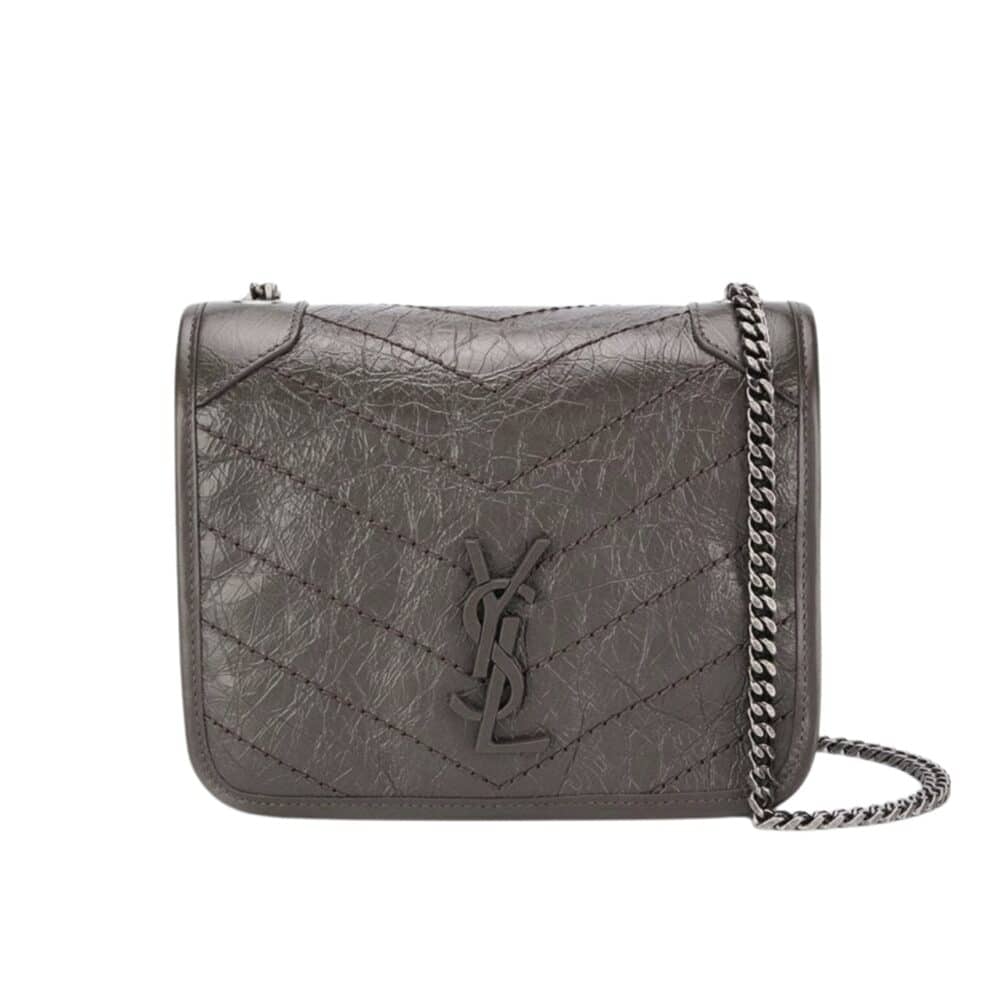 SAINT LAURENT NIKI VINTAGE LEATHER CHAIN WALLET GRAY 19CM