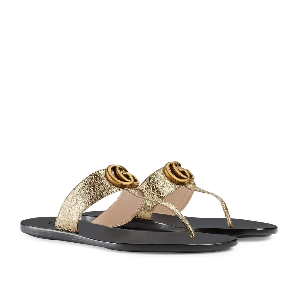 GUCCI DOUBLE G THONG LEATHER METALLIC GOLD ‎497444 0B7N0 7100