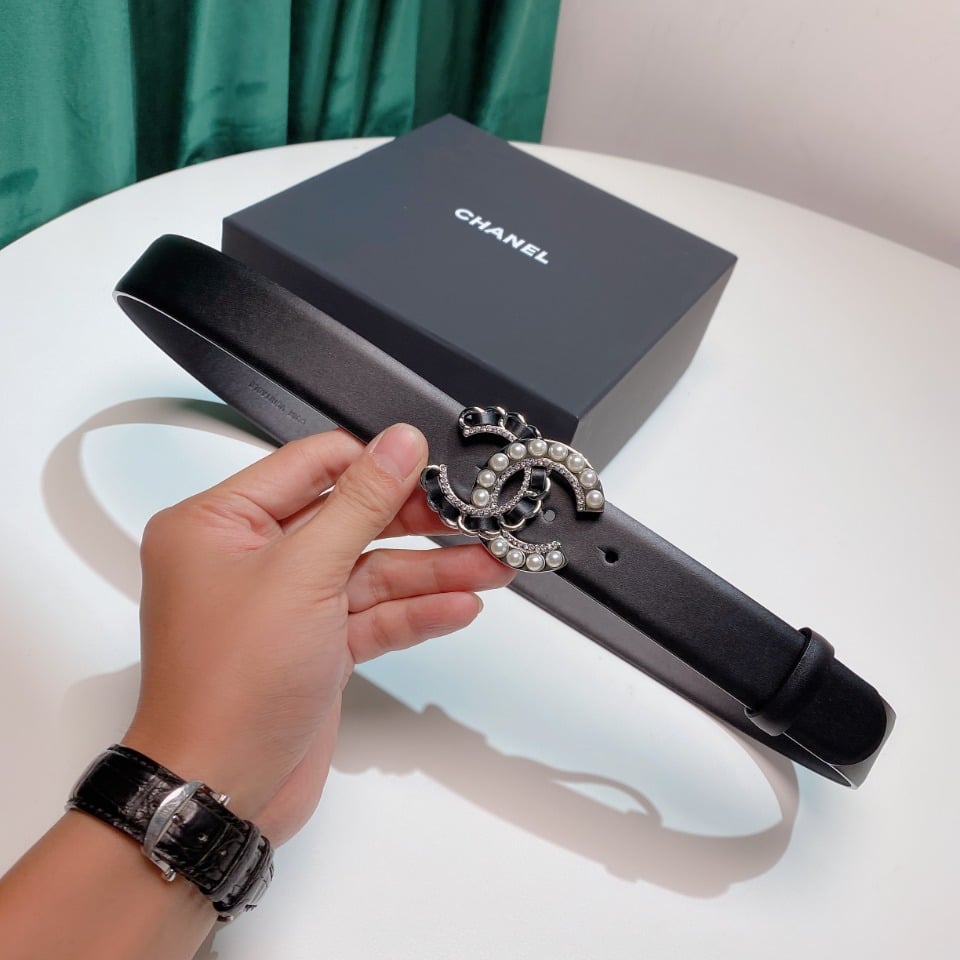 CHANEL BELT WITH PEARLS AND CC LOGO SILVER TONE METAL BELT BLACK 28MM - Image 3