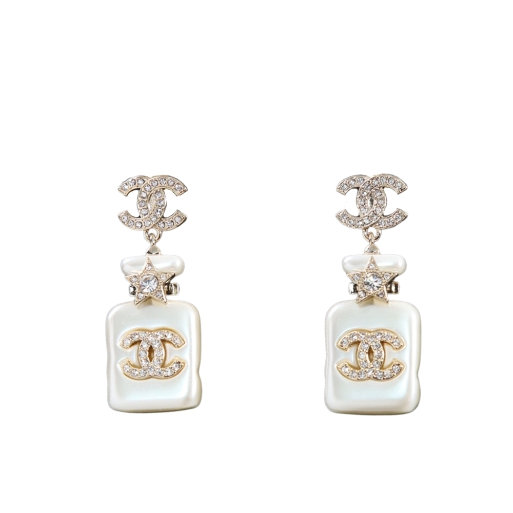 CHANEL PEARL RESIN CRYSTAL CC PERFUME BOTTLE DROP EARRINGS