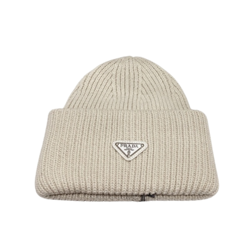 PRADA WOOL AND CASHMERE BEANIE SLIVER CREAM